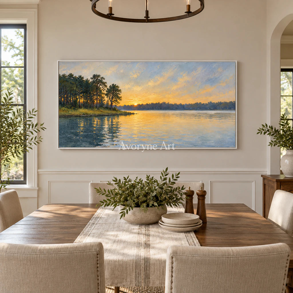 Amber Reach: Impressionist Lake Panorama Wall Art — dining white