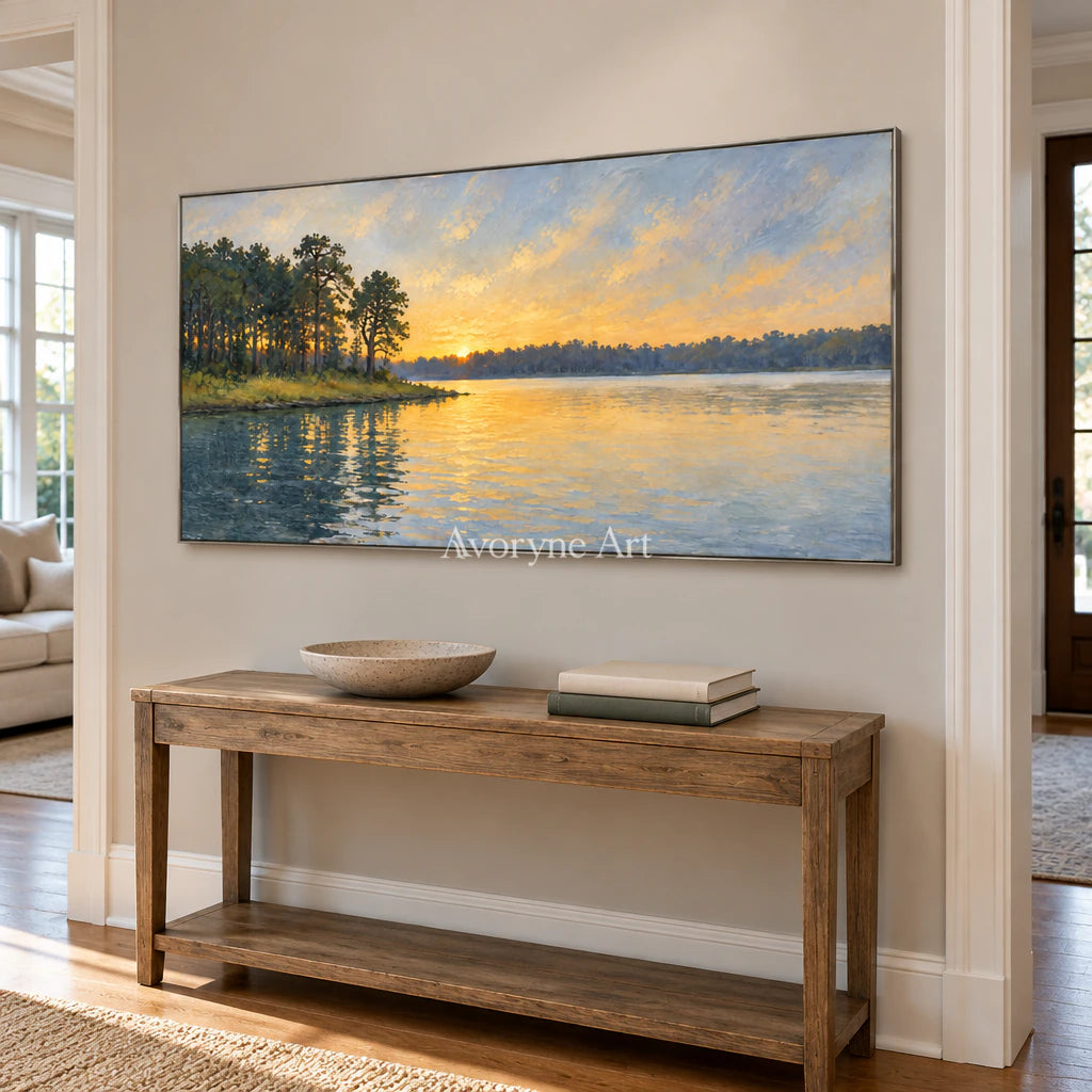 Amber Reach: Impressionist Lake Panorama Wall Art — entry silver