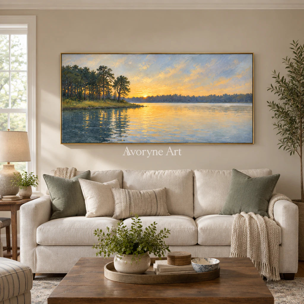 Amber Reach: Impressionist Lake Panorama Wall Art — living gold