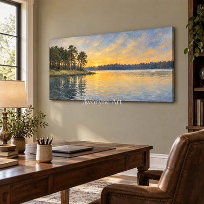 Amber Reach: Impressionist Lake Panorama Wall Art — office frameless