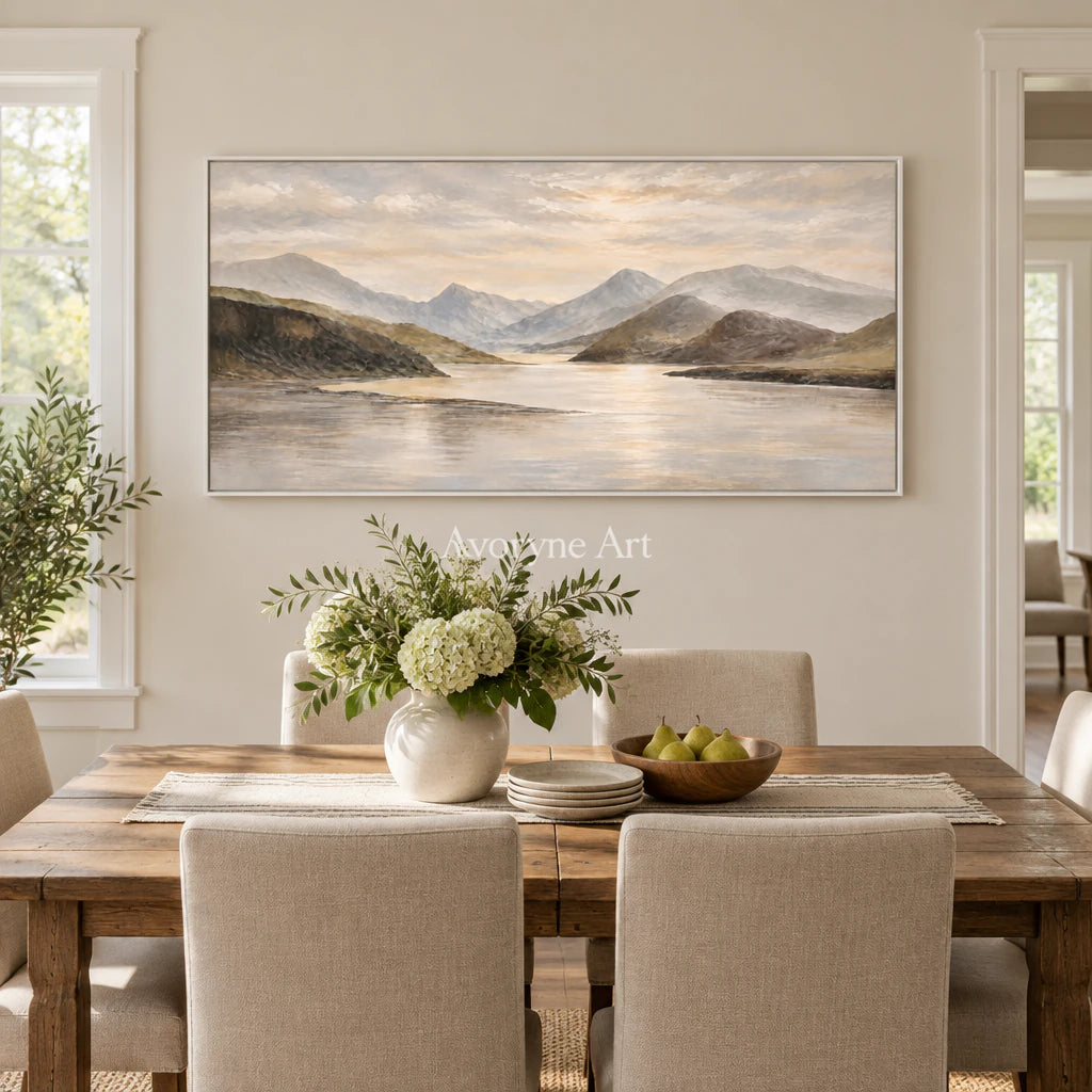 Valley Expanse: Impressionist Lake Panorama Wall Art — dining white