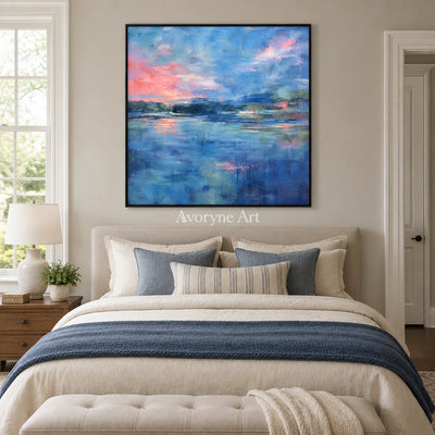 Blue Hour Echo: Impressionist Lake Sunset Wall Art — bedroom black
