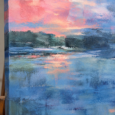 Blue Hour Echo: Impressionist Lake Sunset Wall Art — detail easel