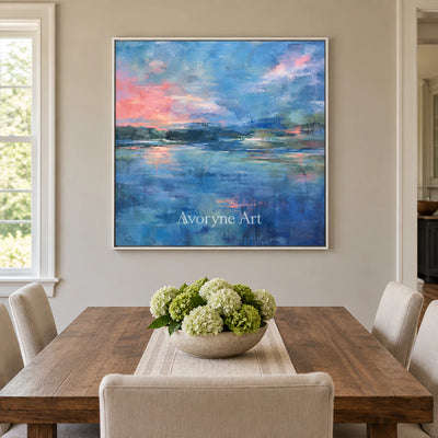 Blue Hour Echo: Impressionist Lake Sunset Wall Art — dining white