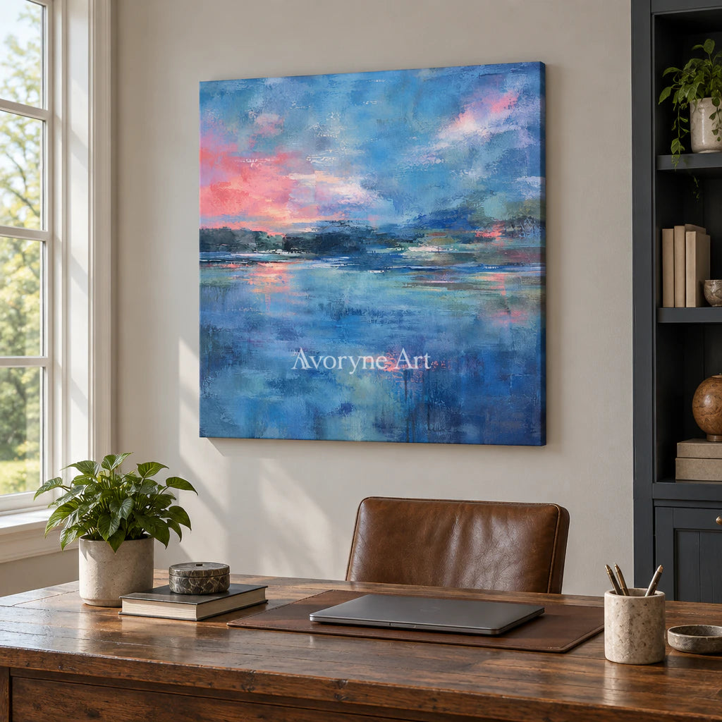 Blue Hour Echo: Impressionist Lake Sunset Wall Art — office frameless