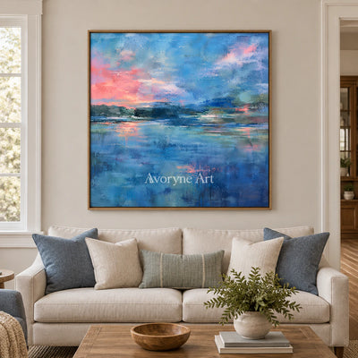 Blue Hour Echo: Impressionist Lake Sunset Wall Art — villa wood