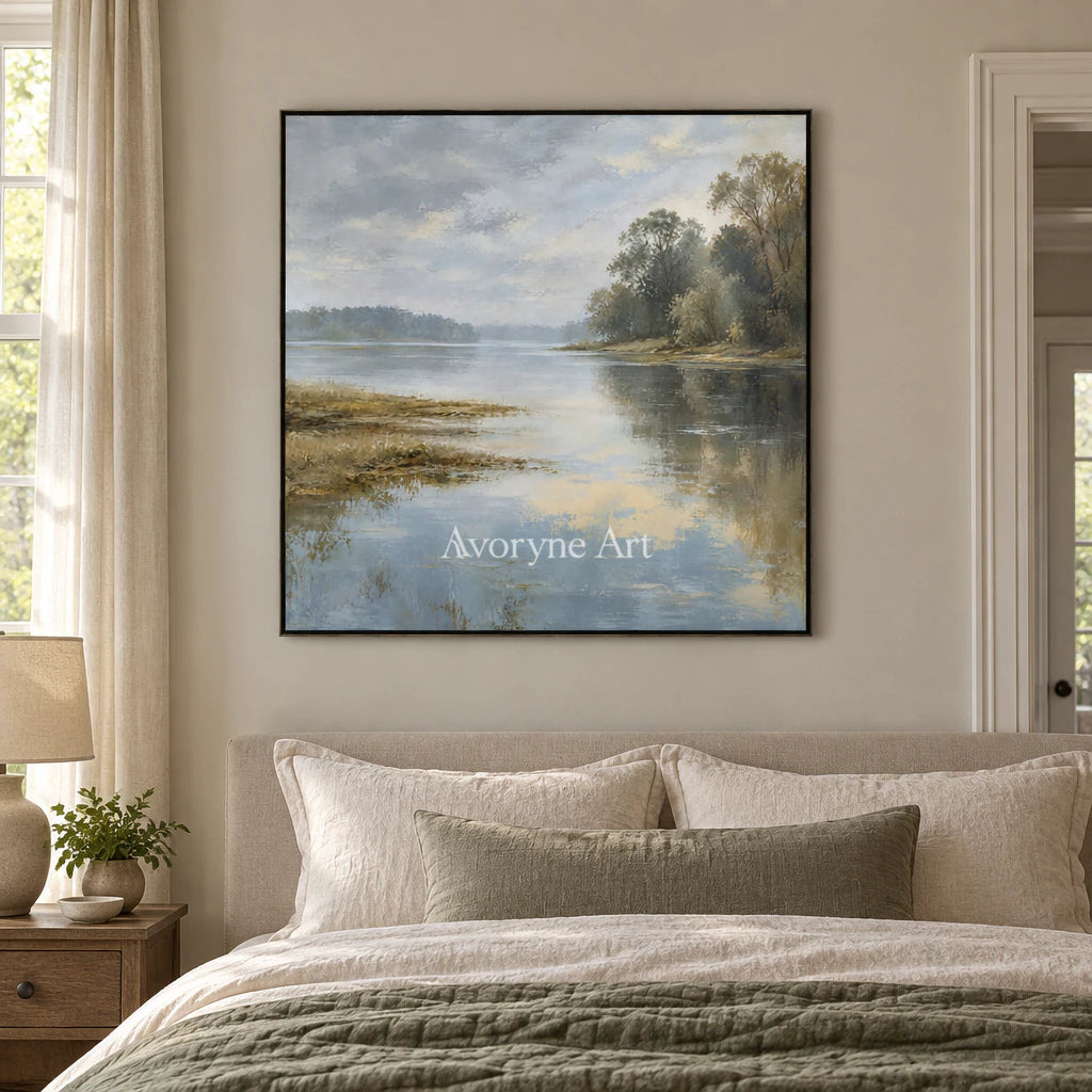 Quiet Shoreline: Impressionist Misty Lake Wall Art — bedroom black
