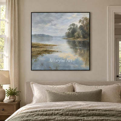 Quiet Shoreline: Impressionist Misty Lake Wall Art — bedroom black
