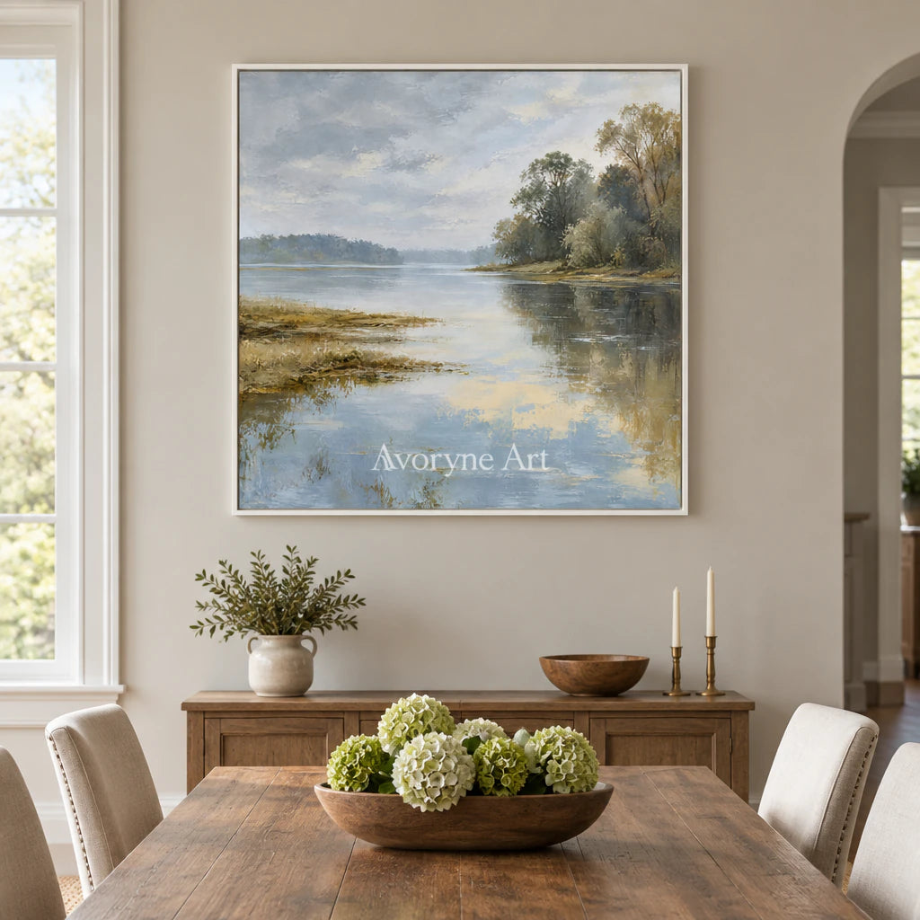 Quiet Shoreline: Impressionist Misty Lake Wall Art — dining white