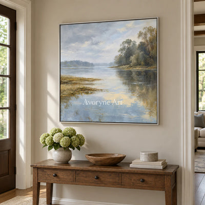 Quiet Shoreline: Impressionist Misty Lake Wall Art — entry silver