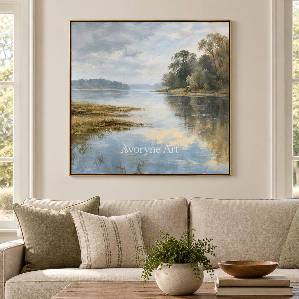 Quiet Shoreline: Impressionist Misty Lake Wall Art — living gold