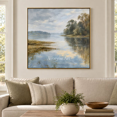 Quiet Shoreline: Impressionist Misty Lake Wall Art — living gold