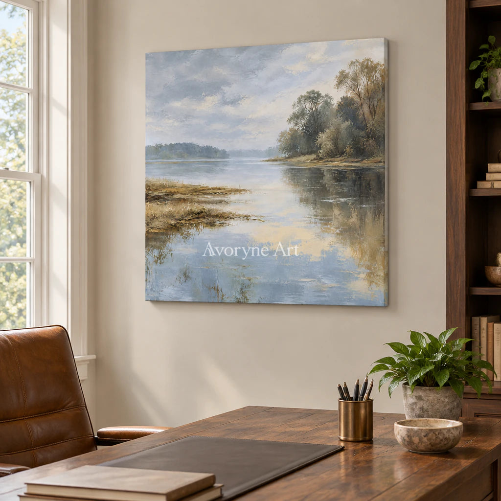 Quiet Shoreline: Impressionist Misty Lake Wall Art — office frameless