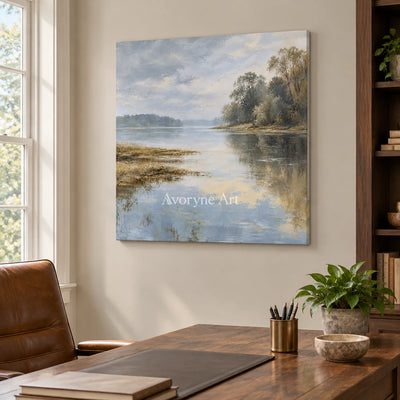 Quiet Shoreline: Impressionist Misty Lake Wall Art — office frameless