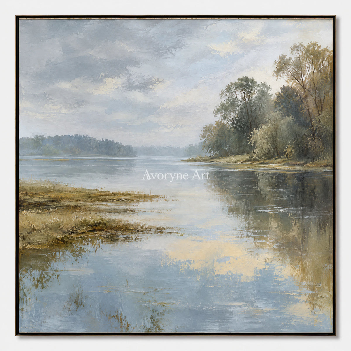 Quiet Shoreline: Impressionist Misty Lake Wall Art — primary
