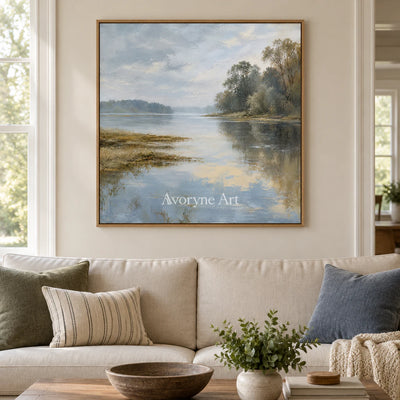 Quiet Shoreline: Impressionist Misty Lake Wall Art — villa wood