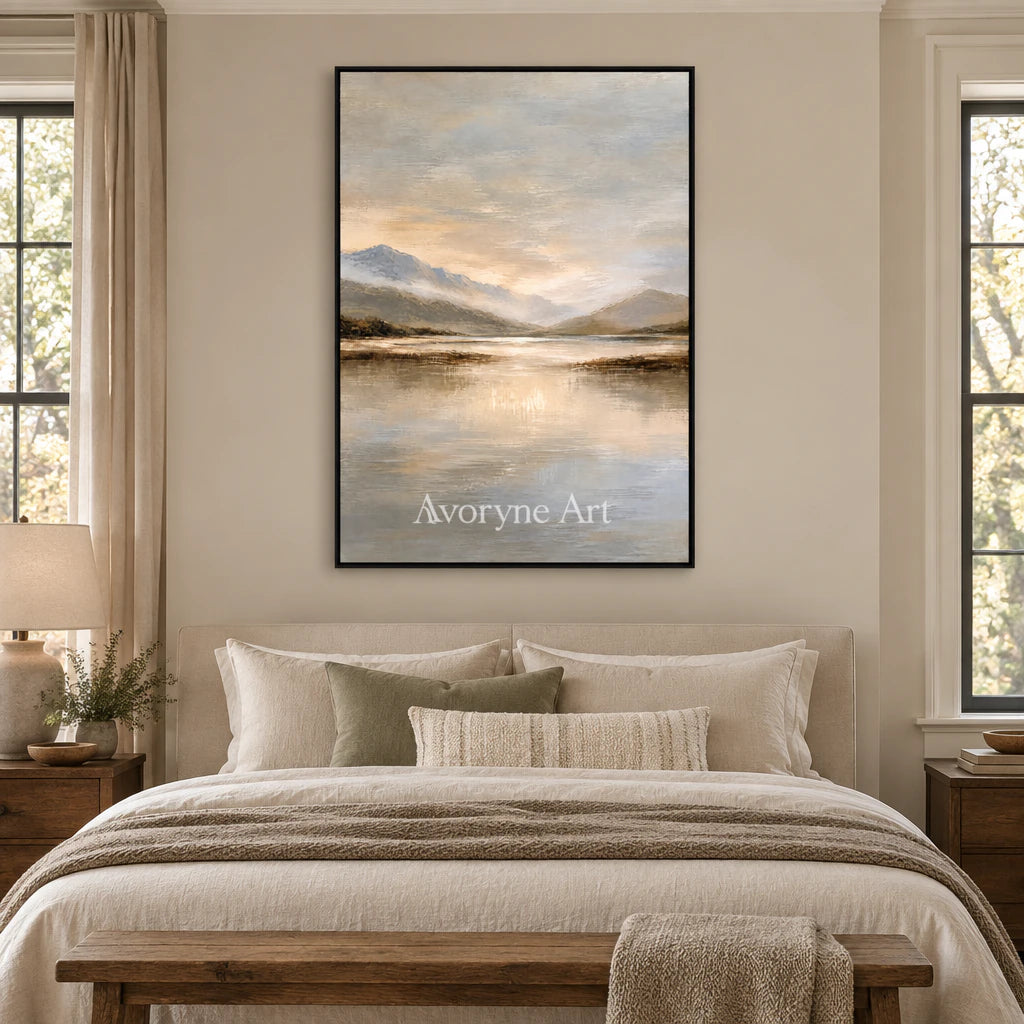 Valley Quiet: Impressionist Mountain Lake Wall Art — bedroom black