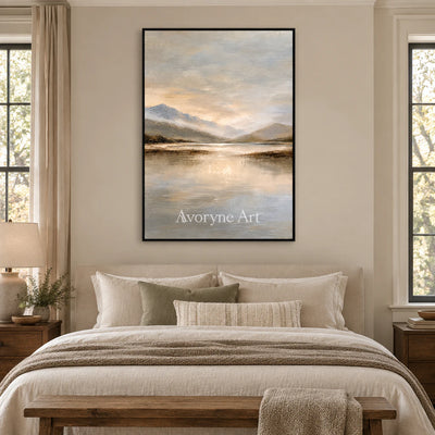 Valley Quiet: Impressionist Mountain Lake Wall Art — bedroom black
