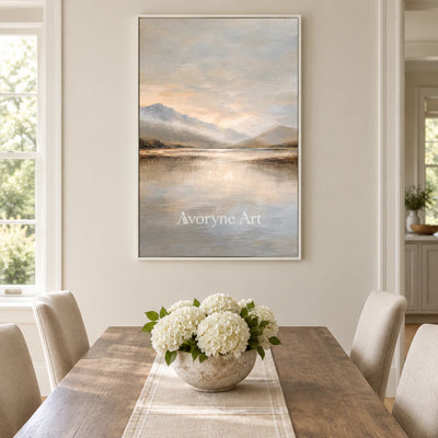 Valley Quiet: Impressionist Mountain Lake Wall Art — dining white