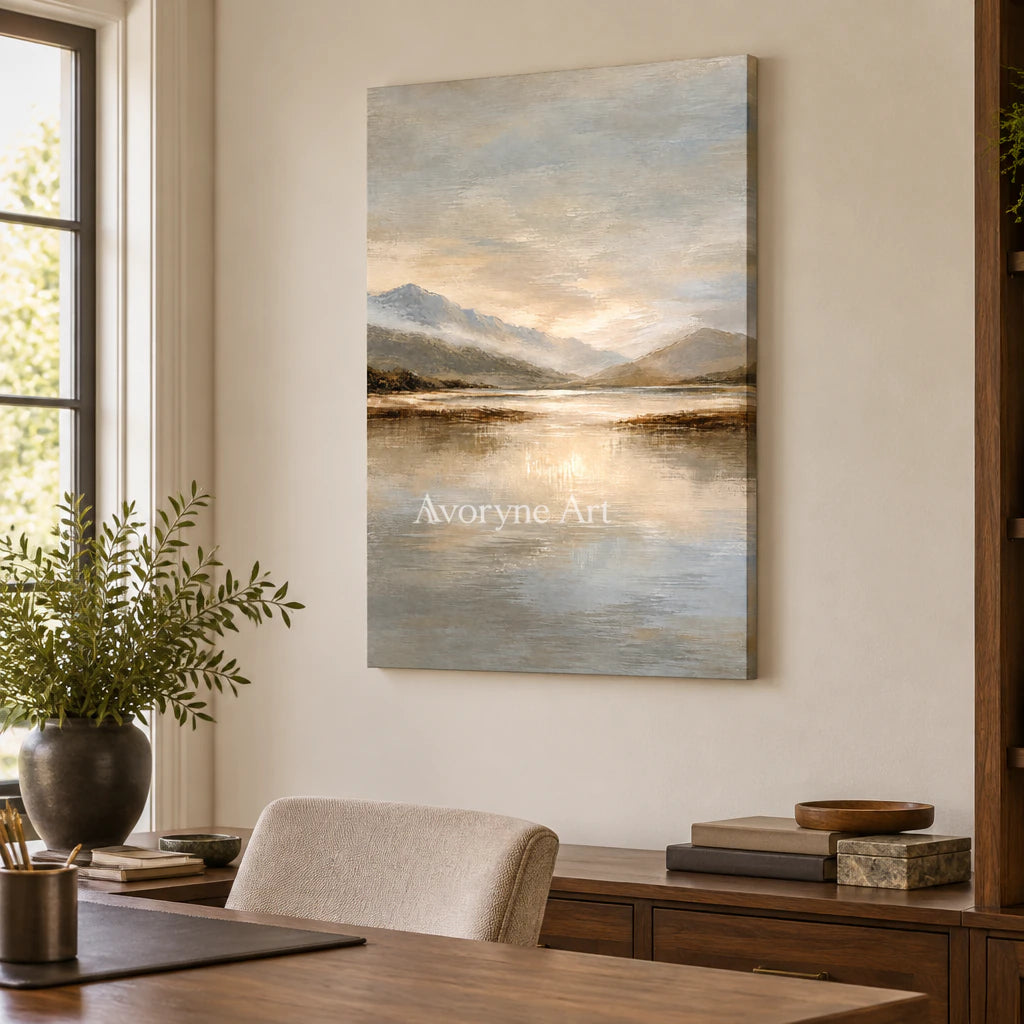Valley Quiet: Impressionist Mountain Lake Wall Art — office frameless