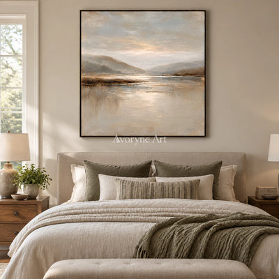 Pale Inlet: Impressionist Mountain Lake Wall Art — bedroom black