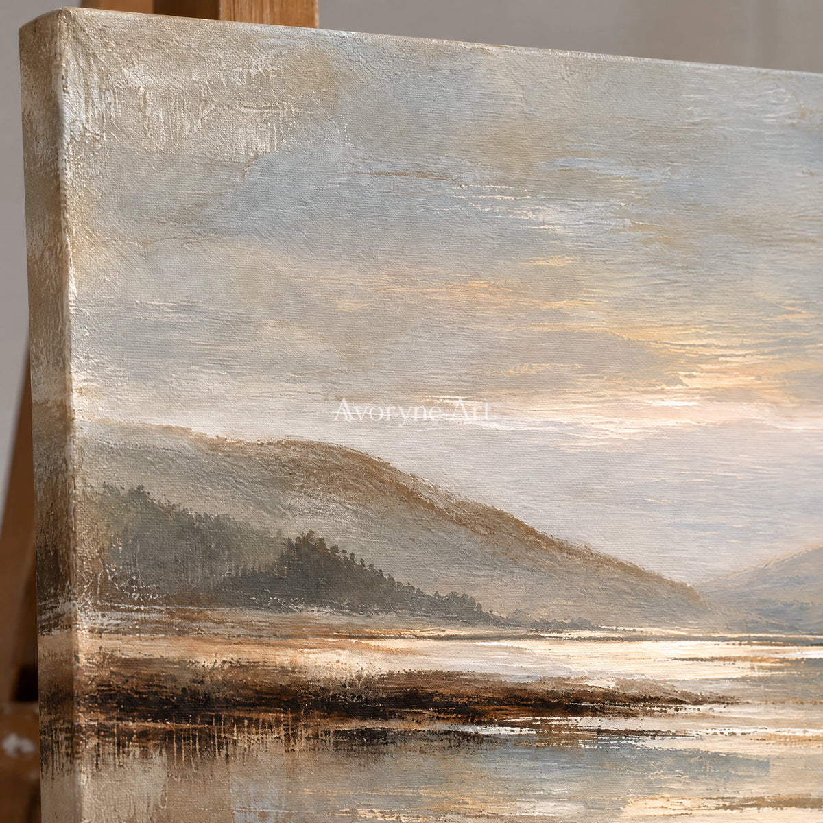 Pale Inlet: Impressionist Mountain Lake Wall Art — detail easel