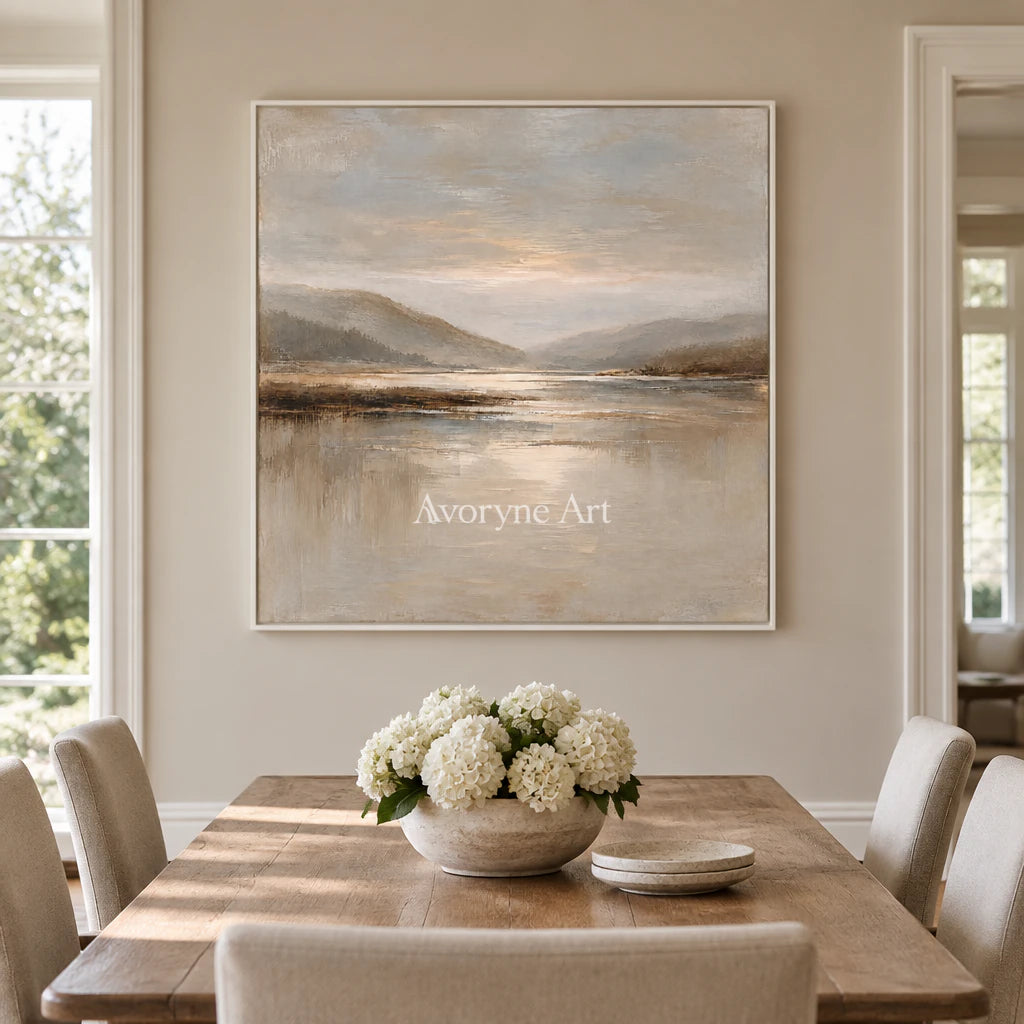 Pale Inlet: Impressionist Mountain Lake Wall Art — dining white