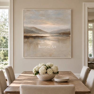 Pale Inlet: Impressionist Mountain Lake Wall Art — dining white
