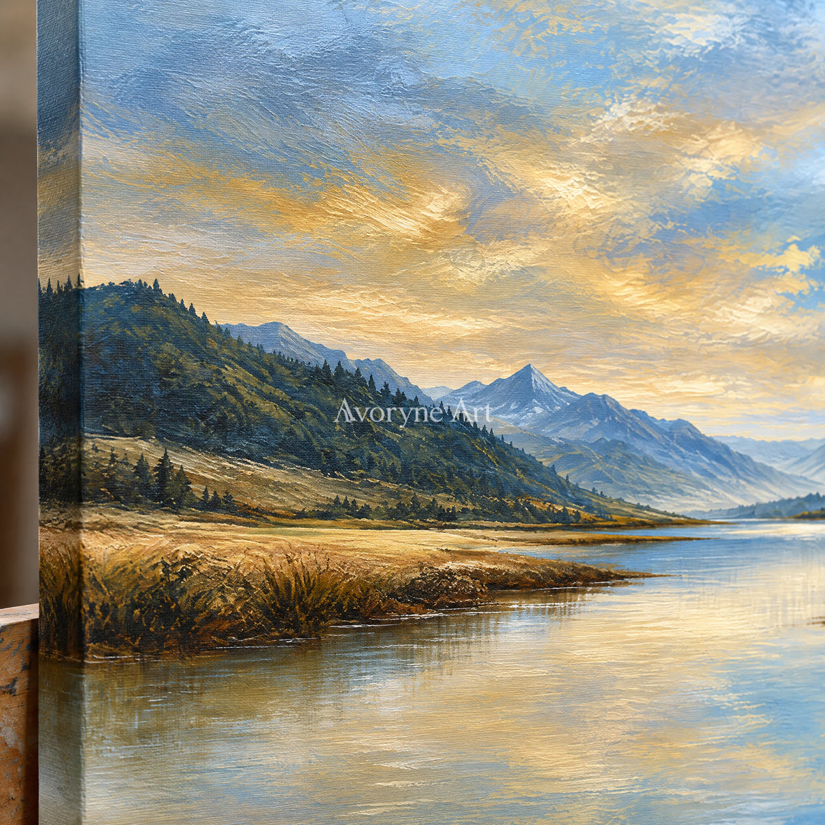 Alpine Glow: Impressionist Mountain Lake Wall Art — detail easel