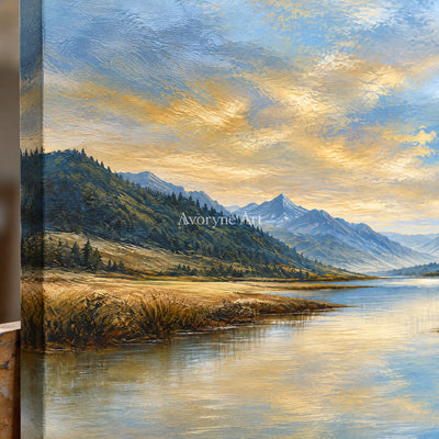 Alpine Glow: Impressionist Mountain Lake Wall Art — detail easel