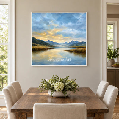 Alpine Glow: Impressionist Mountain Lake Wall Art — dining white
