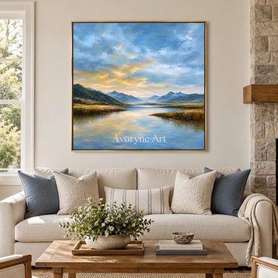 Alpine Glow: Impressionist Mountain Lake Wall Art — living gold