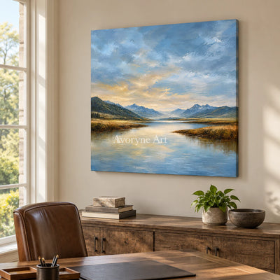 Alpine Glow: Impressionist Mountain Lake Wall Art — office frameless