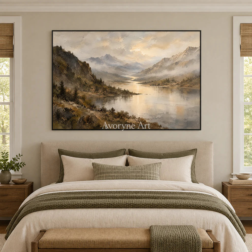 Valley Glimmer: Impressionist Mountain Lake Wall Art — bedroom black