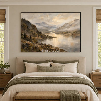 Valley Glimmer: Impressionist Mountain Lake Wall Art — bedroom black