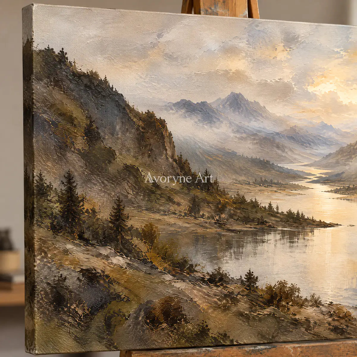 Valley Glimmer: Impressionist Mountain Lake Wall Art — detail easel