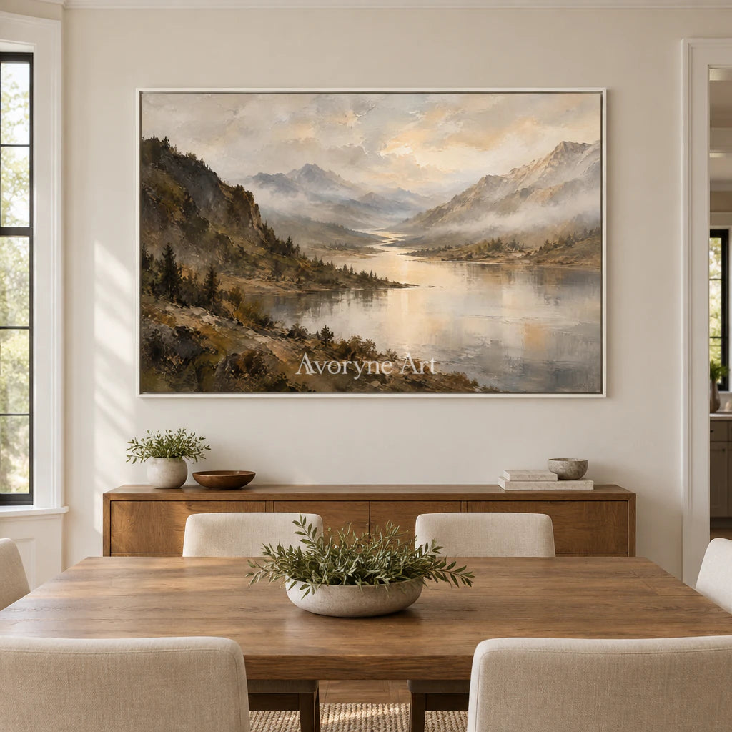Valley Glimmer: Impressionist Mountain Lake Wall Art — dining white