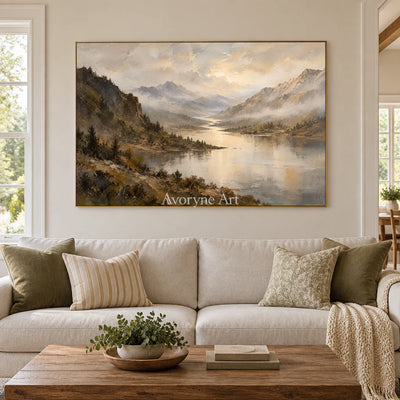 Valley Glimmer: Impressionist Mountain Lake Wall Art — living gold