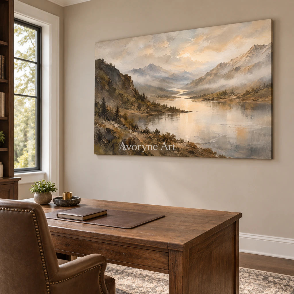 Valley Glimmer: Impressionist Mountain Lake Wall Art — office frameless