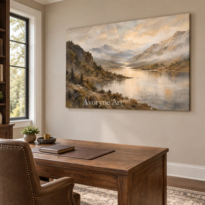 Valley Glimmer: Impressionist Mountain Lake Wall Art — office frameless