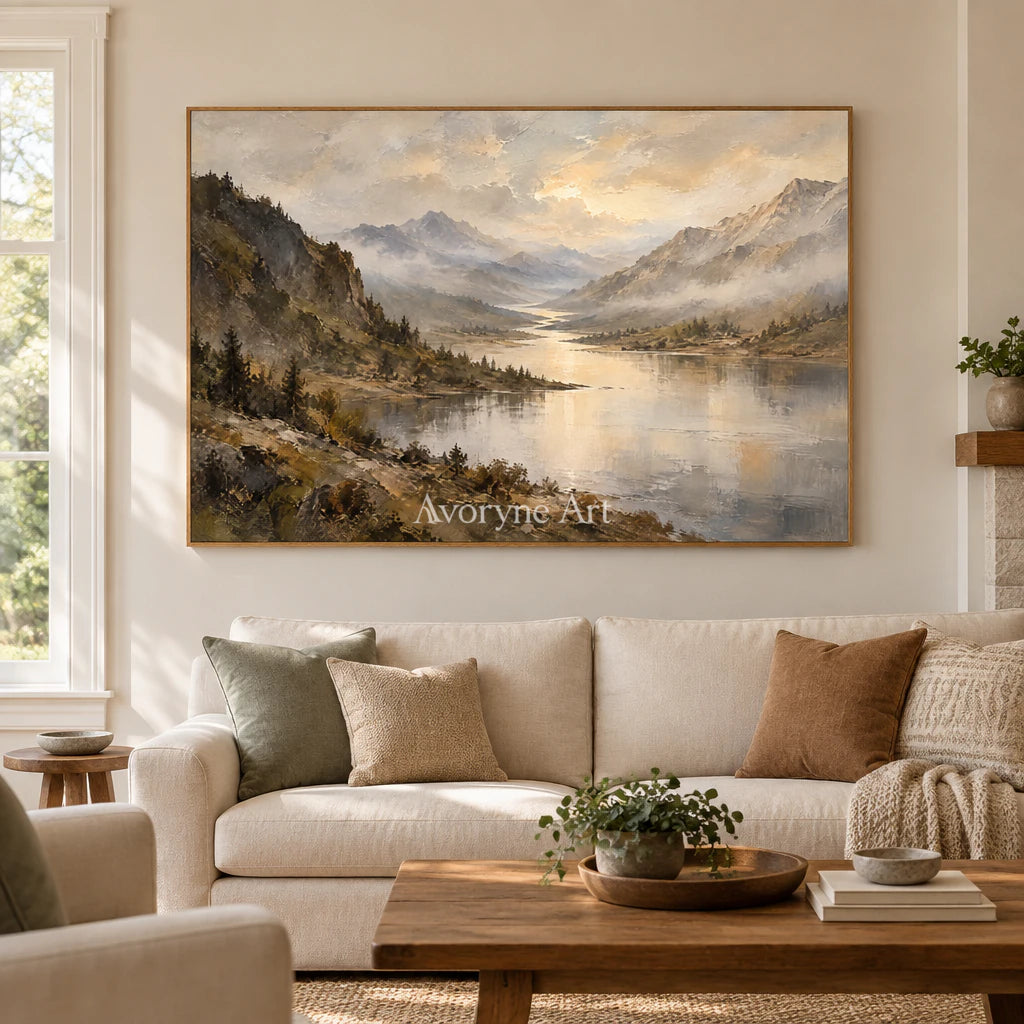 Valley Glimmer: Impressionist Mountain Lake Wall Art — villa wood