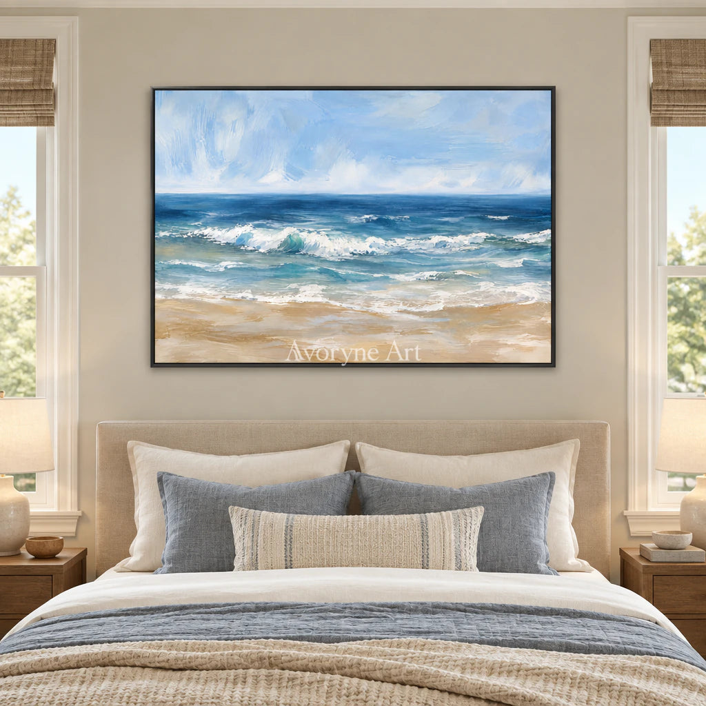 Saltwater Rhythm: Impressionist Ocean Waves Wall Art — bedroom black