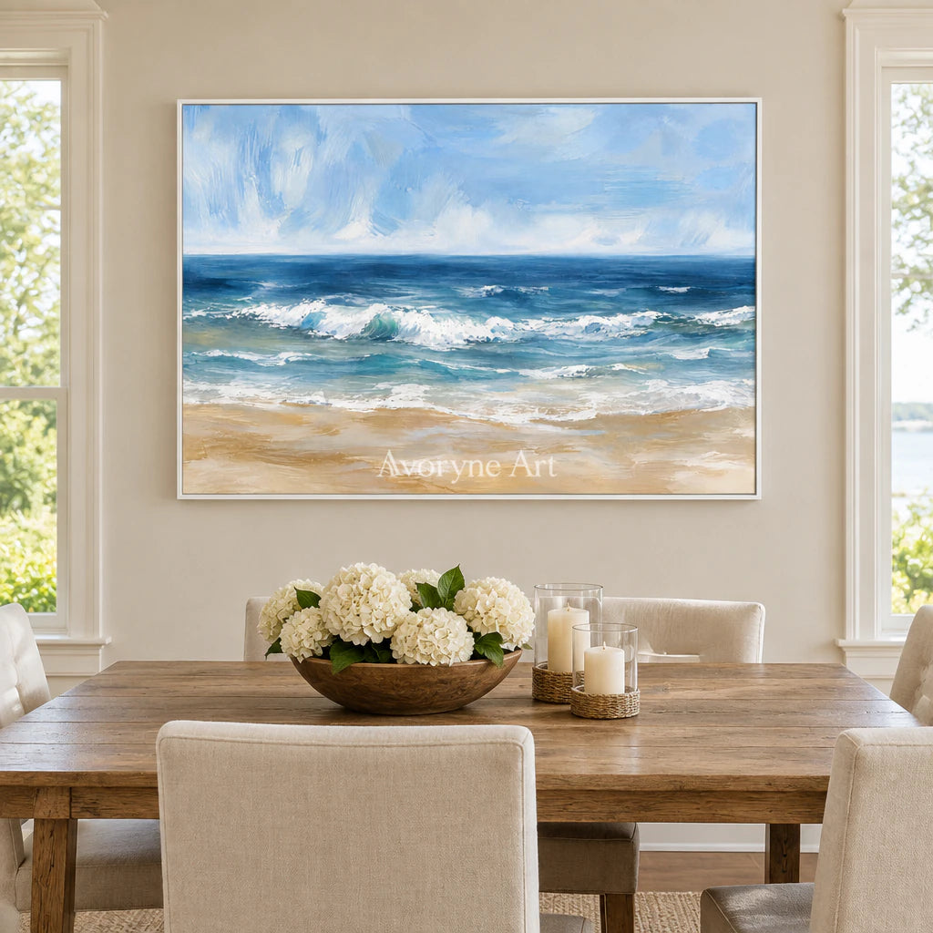 Saltwater Rhythm: Impressionist Ocean Waves Wall Art — dining white