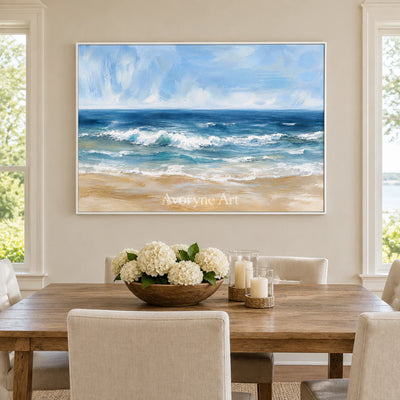 Saltwater Rhythm: Impressionist Ocean Waves Wall Art — dining white