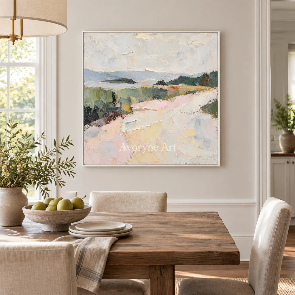Chalk Valley: Impressionist Pastel Landscape Wall Art — dining white