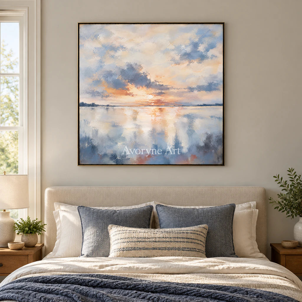 Daybreak Glass: Impressionist Sunrise Lake Wall Art — bedroom black