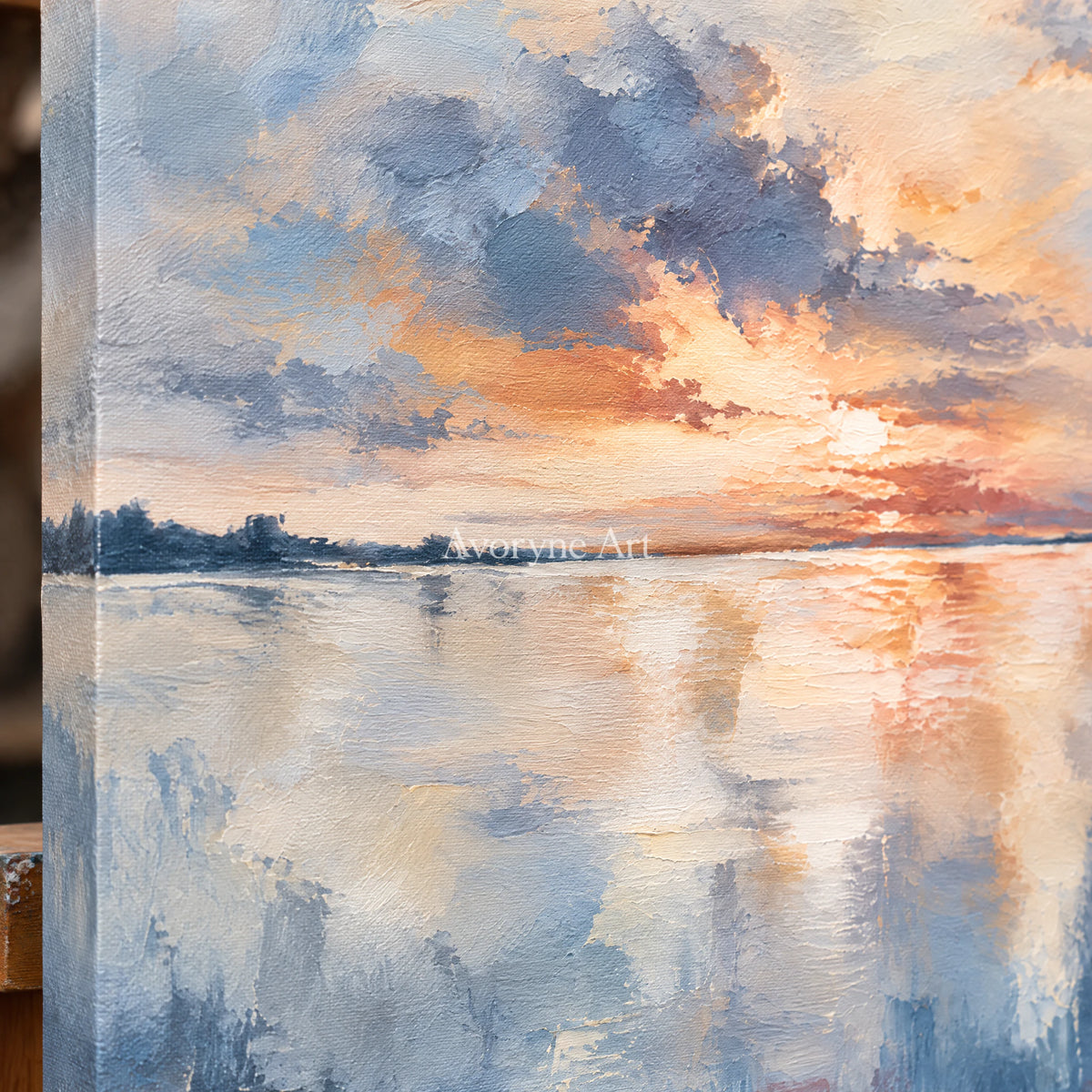 Daybreak Glass: Impressionist Sunrise Lake Wall Art — detail easel