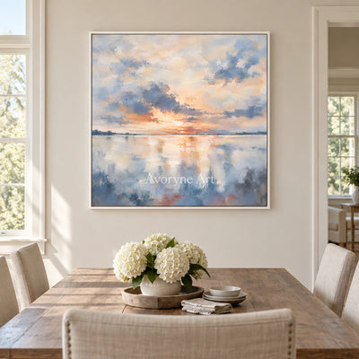 Daybreak Glass: Impressionist Sunrise Lake Wall Art — dining white
