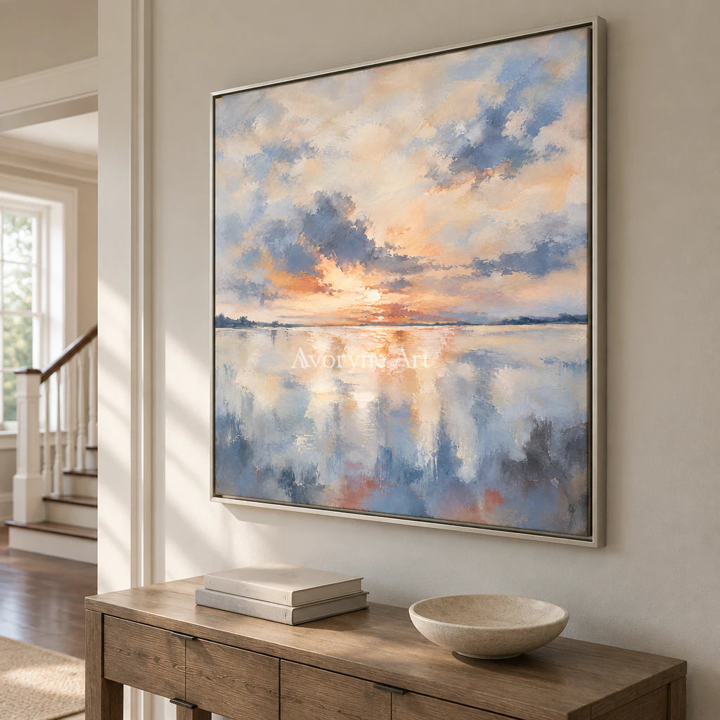 Daybreak Glass: Impressionist Sunrise Lake Wall Art — entry silver
