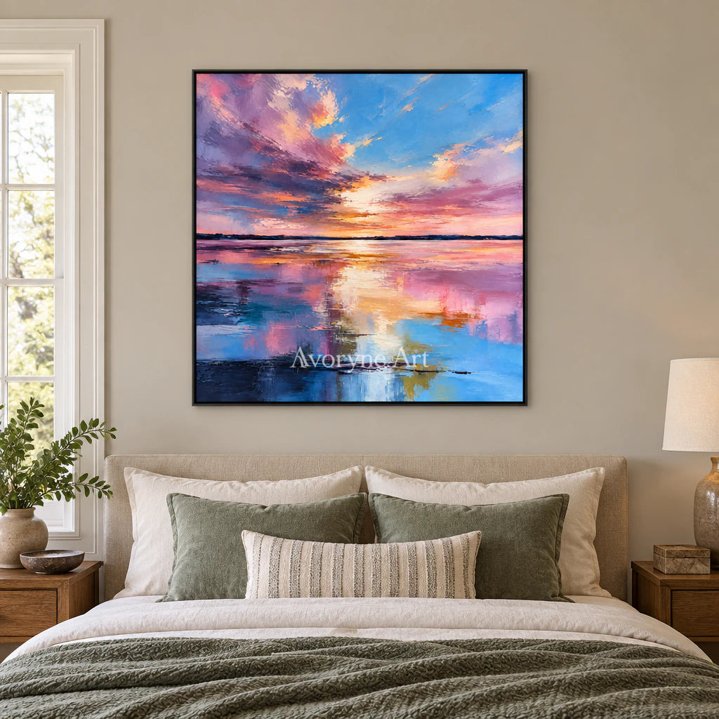 Rosewater Dusk: Impressionist Sunset Lake Wall Art — bedroom black